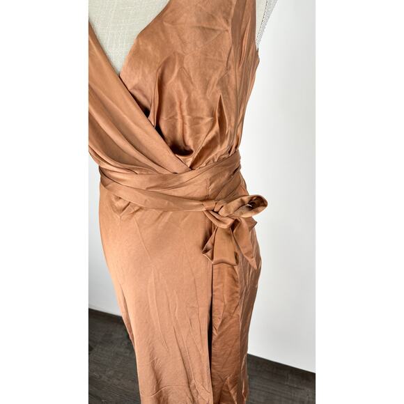 ASOS V Neck Satin Cami Wrap Midi Dress Chocolate Brown Womens Size 2 New - Picture 7 of 14